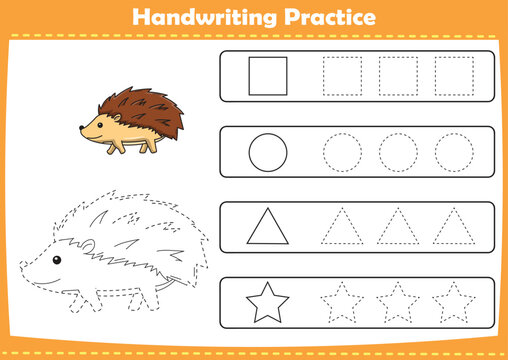 Handwriting practice with cute animals pictures. Tracing dashed lines