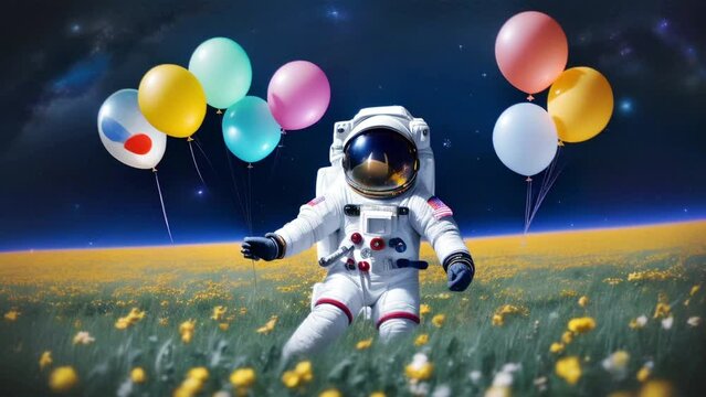 astronaut travels on colorful balloons