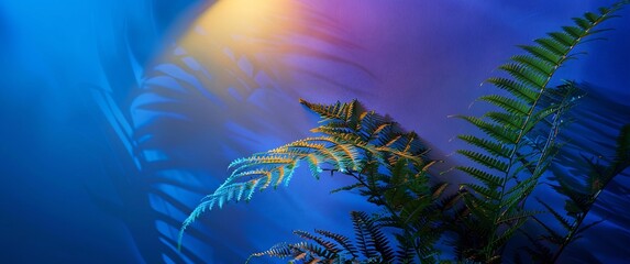 fern plant lights up blue wall, in the style of light magenta and light black