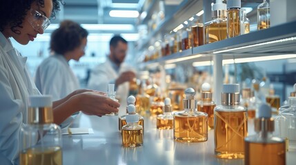 Technicians in a modern perfume laboratory, carefully analyze raw materials. Generative AI. - obrazy, fototapety, plakaty