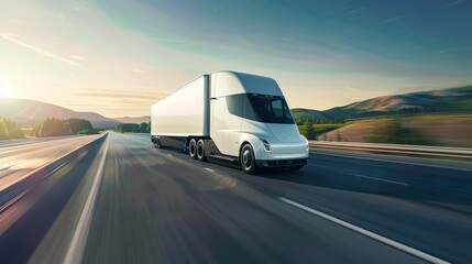 Futuristic electric semi-truck driving on a highway during sunset, representing sustainable transportation.