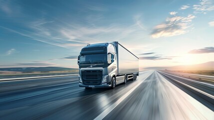 High-speed semi truck driving on an interstate highway with motion blur, showcasing modern logistics.