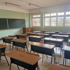 Classroom with Empty Desks and Chairs Awaiting Students