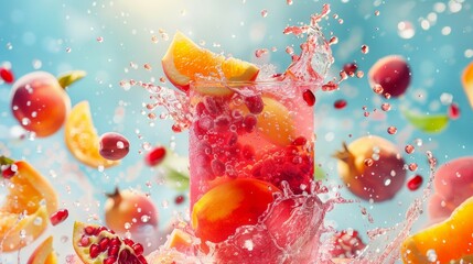 Colorful fruit cocktail with a dynamic splash in a glass, surrounded by floating fruit pieces.