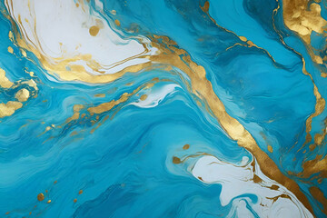 Turquoise blue and gold free flow painting background - obrazy, fototapety, plakaty