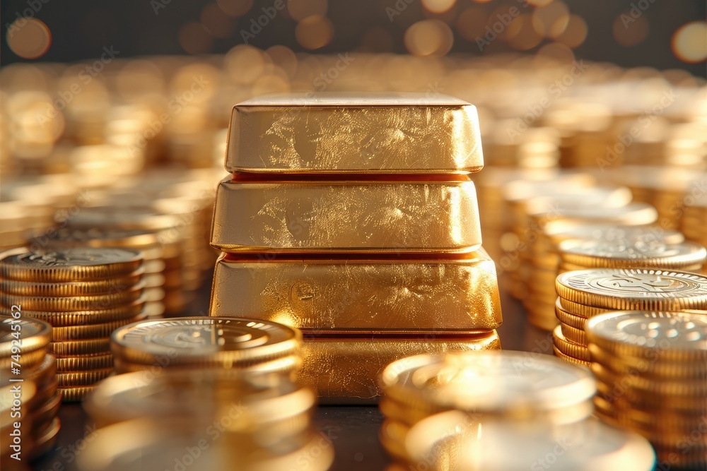 Poster gold bar put on top of stacks of gold coin. generative ai.
