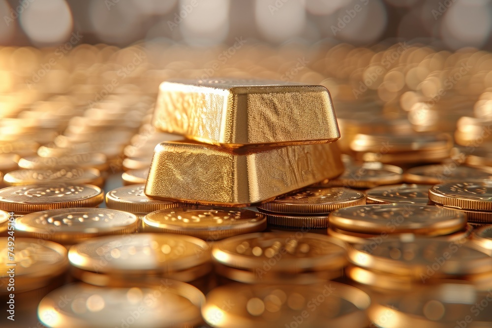 Aufkleber gold bar put on top of stacks of gold coin. generative ai.