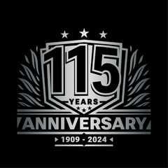 115 years anniversary celebration shield design template. 115th anniversary logo. Vector and illustration.