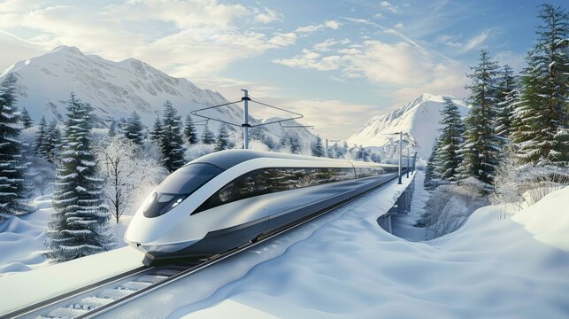 A high-speed train slicing through a snowy landscape mod