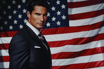 A man dressed in a suit stands proudly in front of a vibrant American flag.