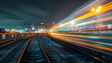 Fototapeta na wymiar Long exposure capturing the colorful light trails of a train passing through an industrial port at night.