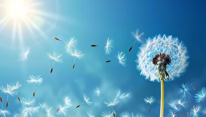 Dandelion Seeds Dancing Away into the Blue Sky, a Serenade of Nature's Ephemeral Beauty. Made with Generative AI Technology