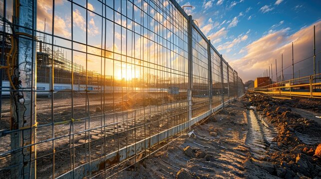 construction site with sheet metal fence. The image should capture the essence of team spirit and technological excellence. 