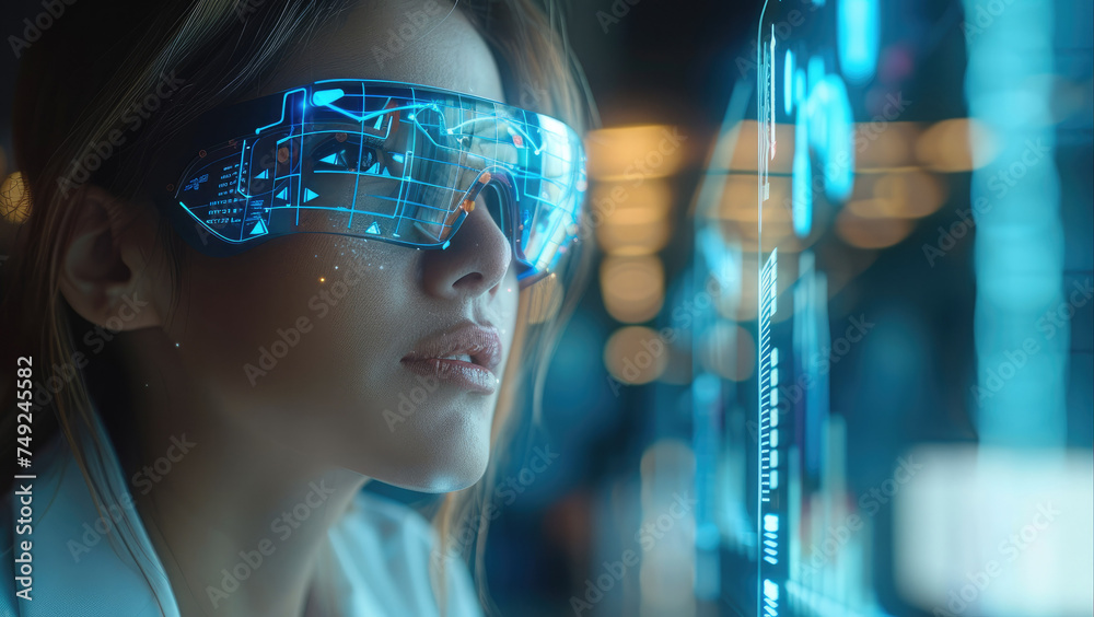 Poster Financial analysts woman use augmented reality (AR) glasses to overlay financial data and charts onto their real-world view. The AR interface could display interactive data points. Generative AI.