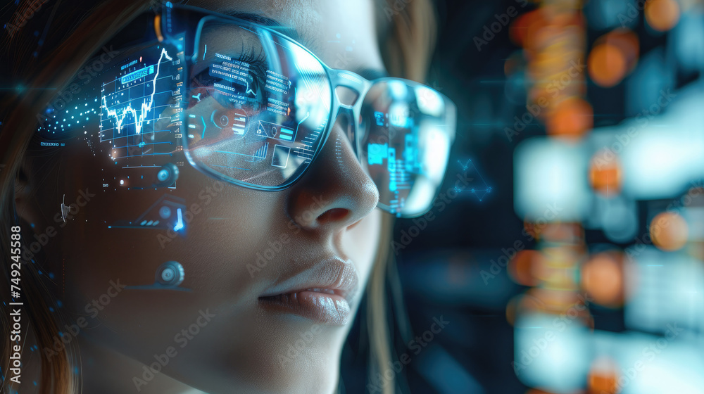 Poster Financial analysts woman use augmented reality (AR) glasses to overlay financial data and charts onto their real-world view. The AR interface could display interactive data points. Generative AI.