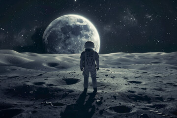 Lone astronaut standing on the surface of the moon and gazing back at the Earth rising over the lunar horizon with the stars twinkling brightly in the black sky - obrazy, fototapety, plakaty
