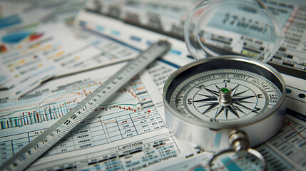Close-Up of Compass and Ruler on Financial Papers