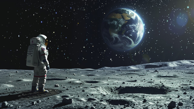 Lone astronaut standing on the surface of the moon and gazing back at the Earth rising over the lunar horizon with the stars twinkling brightly in the black sky
