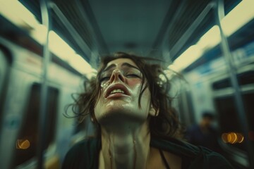 A woman on a subway train closing her eyes, taking a moment of rest during her commute.