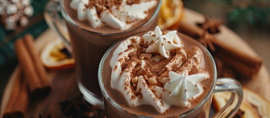 Two cups filled with hot chocolate topped with a generous swirl of whipped cream, creating a delightful and comforting beverage.