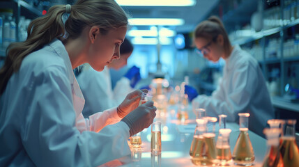 Students working together in the laboratory. Generative AI.