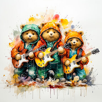 a lively group of bears jamming together on electric guitars