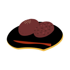 皿にのったおはぎ(こしあん&つぶあん)の手描きカラーイラストアイコン