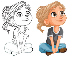 Vector illustration of a girl in two sitting positions.