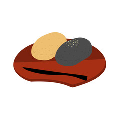 皿にのったおはぎ(きなこ& 黒ごま)の手描きカラーイラストアイコン