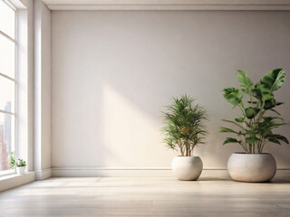 Interior background of empty room with white wall and and potted plant 3d rendering.
