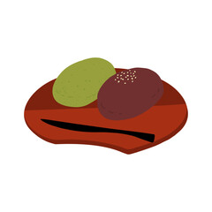 皿にのったおはぎ(こしあん& 抹茶)の手描きカラーイラストアイコン