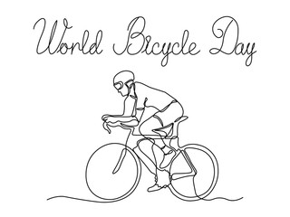 World Bicycle Day. Abstract cyclist, athlete on a bicycle,continuous one line art hand drawing sketch