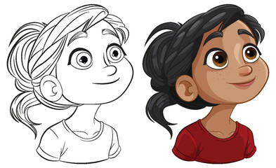 Two smiling girls in a colorful vector style.