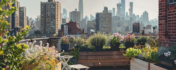 Rooftop garden in spring cityscape horizon flowers bloom - obrazy, fototapety, plakaty