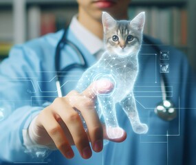 Fototapeta premium veterinarian,doctor, hand using hologram graphics ,cat,dog.generative ai art