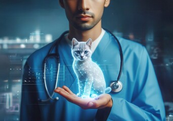  veterinarian,doctor, hand using hologram graphics ,cat,dog.generative ai  art