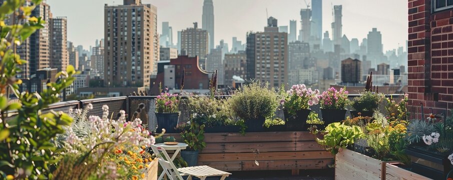 Rooftop garden in spring cityscape horizon flowers bloom