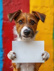 Cute dog holding blank board, and showing it to the camera. Multi colored background