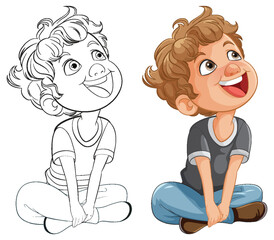 Vector illustration of a boy sitting, smiling happily.