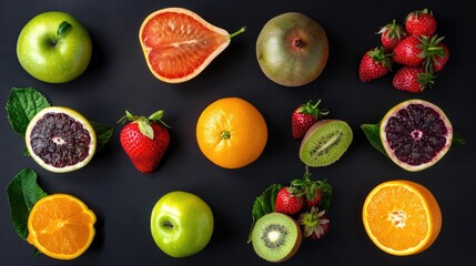 Photo realistic image of delicious ripe fruits. Set collection, isolated on black background. Generative ai - obrazy, fototapety, plakaty