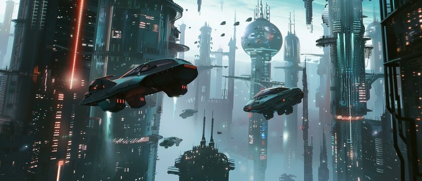 Futuristic city with flying cars skyscrapers and hologra 1