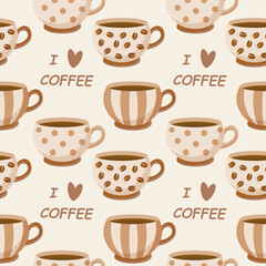 Obraz premium Seamless pattern, vintage coffee cups with ornament and coffee beans. Background, print, vector