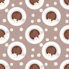 Seamless pattern, coffee cups and chamomile flowers, top view. Background, textile, print, vector