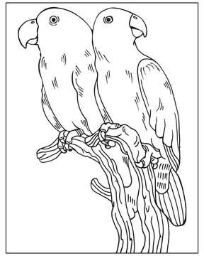 Coloring book for children and adults, parrot bird on a background of tropical leaves. Illustration, sketch, vector