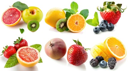 Photo realistic image of delicious ripe fruits. Set collection, isolated on white background. Generative ai - obrazy, fototapety, plakaty