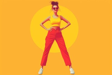 Fototapeta na wymiar Confident young woman posing in vibrant red pants and a yellow tank top with a bold orange background. 