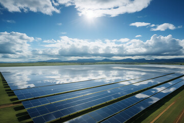 Solar energy field merges with cloud-filled blue skies.