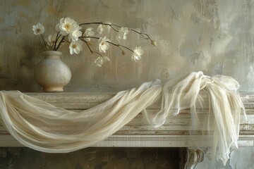 Timeless Still Life: Flowers, Flowing Fabric, and Textured Wall Art