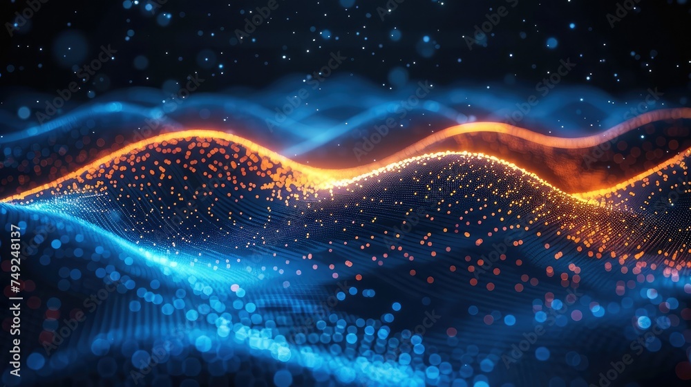 Aufkleber Illustration of the future of data technology with a wave of bright particles. Rendering technology 3D landscape and big data visualization. Generative AI.