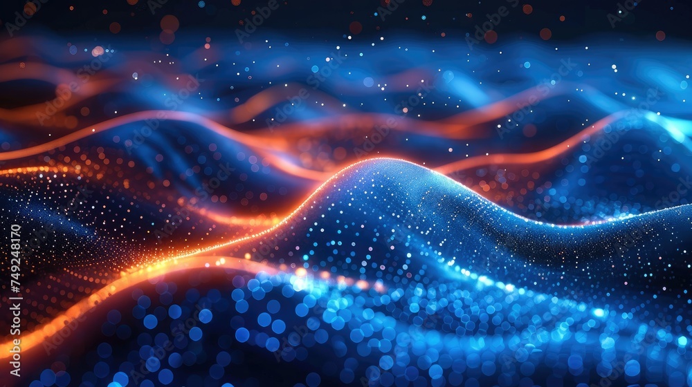 Aufkleber Illustration of the future of data technology with a wave of bright particles. Rendering technology 3D landscape and big data visualization. Generative AI.